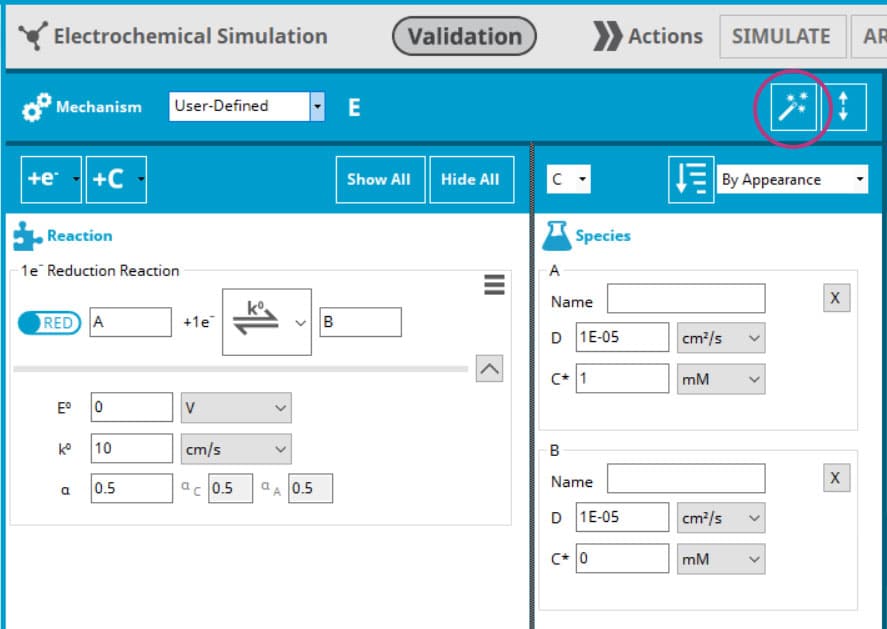 AfterMath Live electrochemical simulation Reaction autofill - getting started