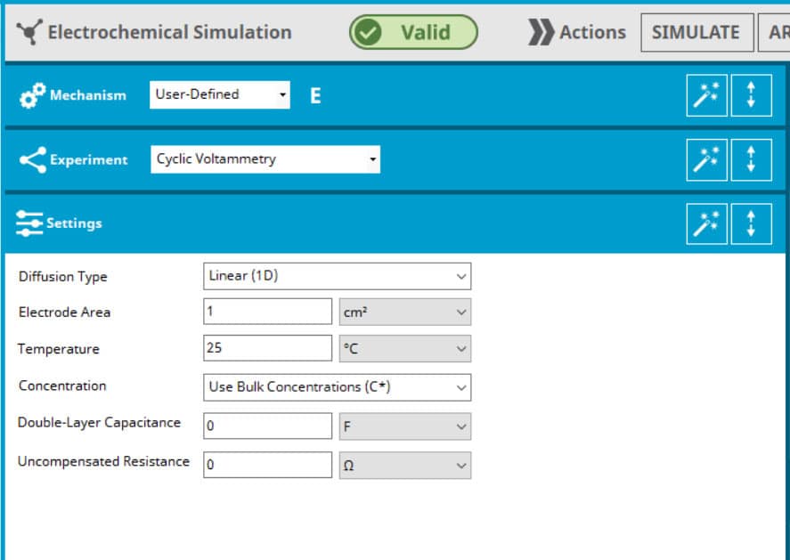 AfterMath Live electrochemical simulation Settings accordion tab - getting started