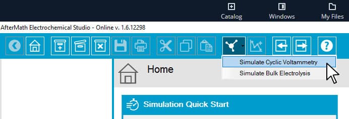 Begin Cyclic Voltammetry Simulation from Simulation Icon in toolbar - getting started